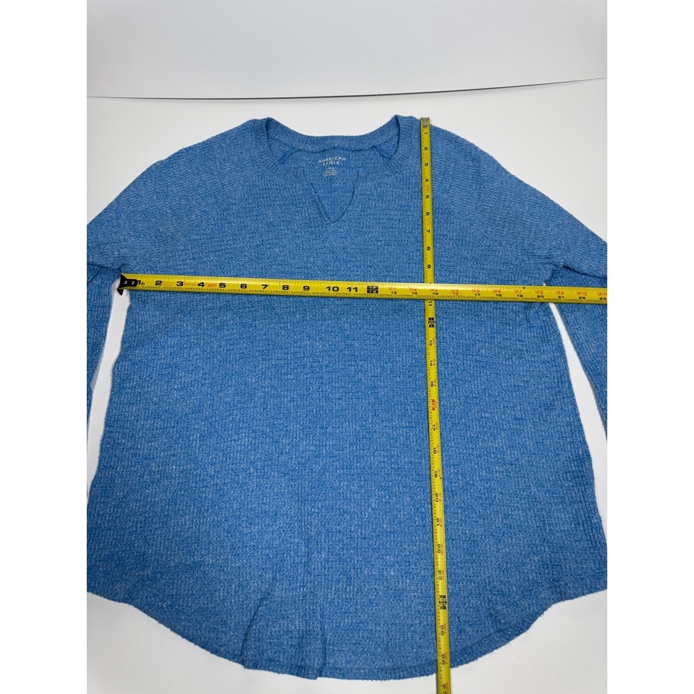 American Eagle Outfitters Top Womens L Blue Notch Neck Raglan Sleeve Waffle Knit - Picture 5 of 8